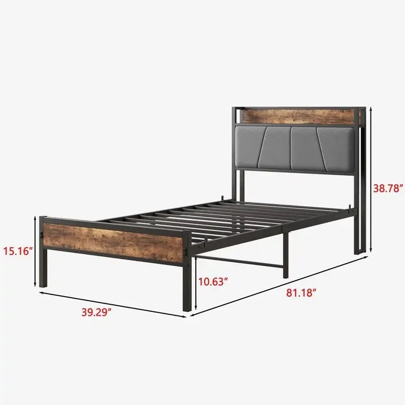 Metal&Wood Platform Bed with Storage Linen Headboard and Charging Station
