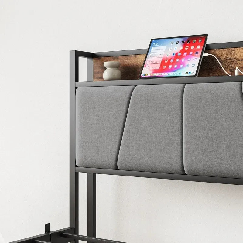 Metal&Wood Platform Bed with Storage Linen Headboard and Charging Station