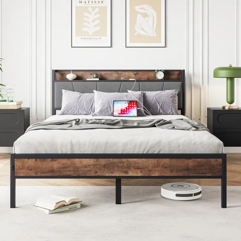 Metal&Wood Platform Bed with Storage Linen Headboard and Charging Station