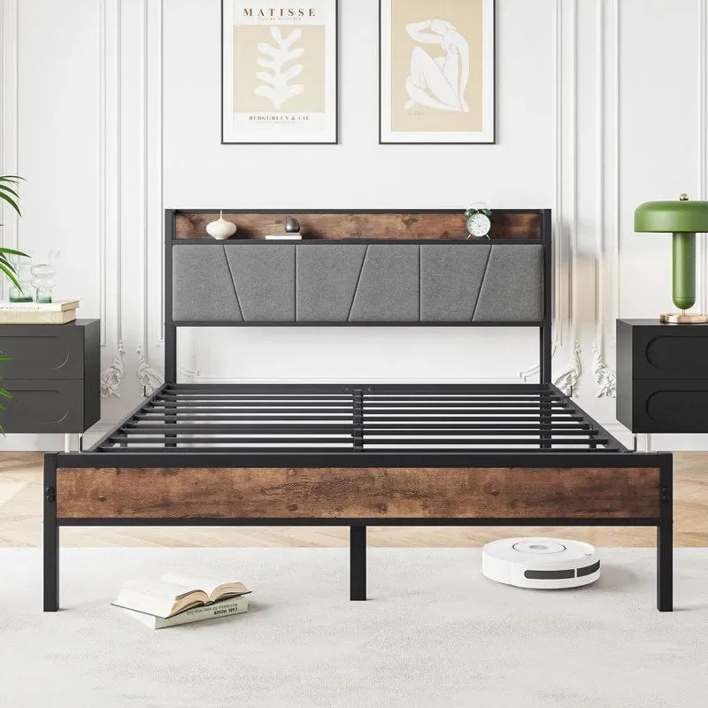 Metal&Wood Platform Bed with Storage Linen Headboard and Charging Station