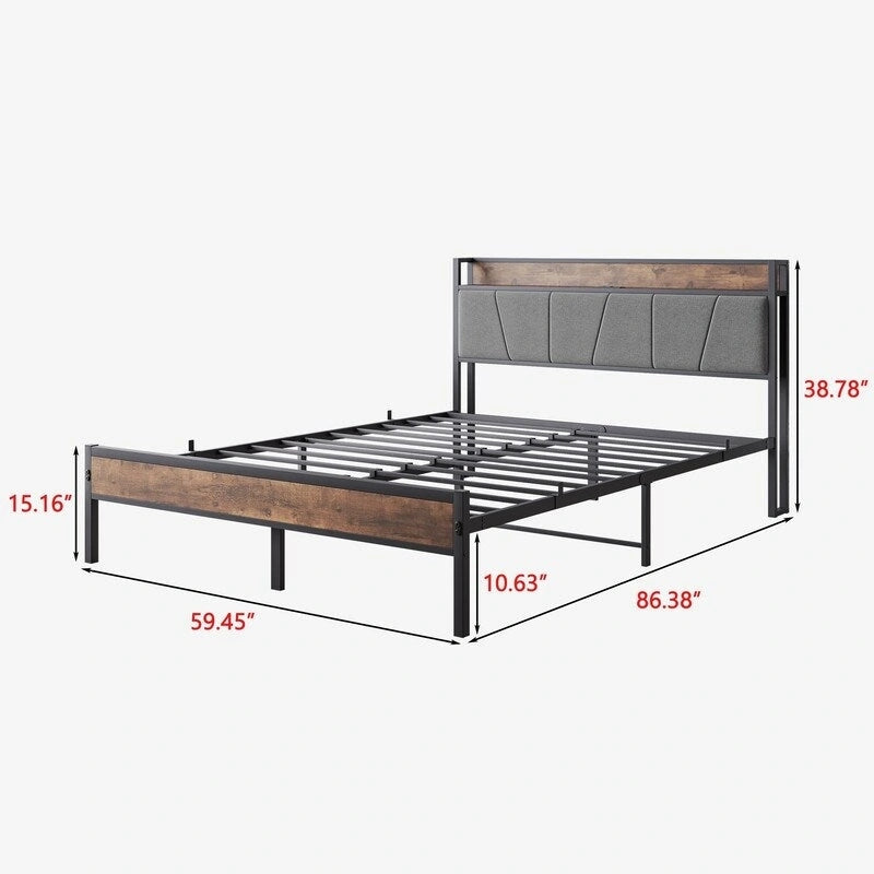 Metal&Wood Platform Bed with Storage Linen Headboard and Charging Station