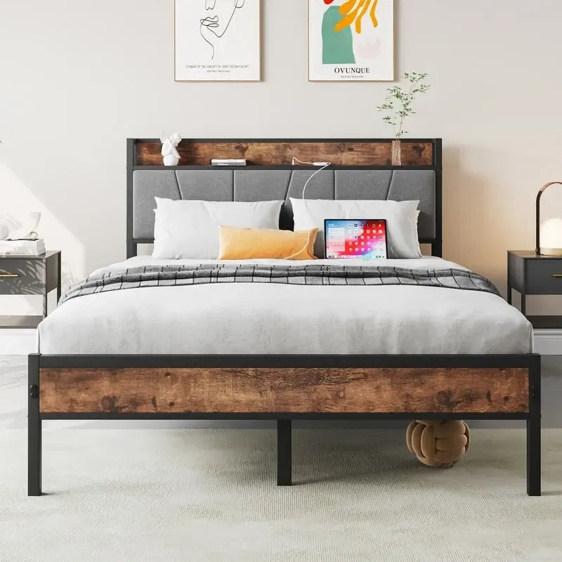 Metal&Wood Platform Bed with Storage Linen Headboard and Charging Station