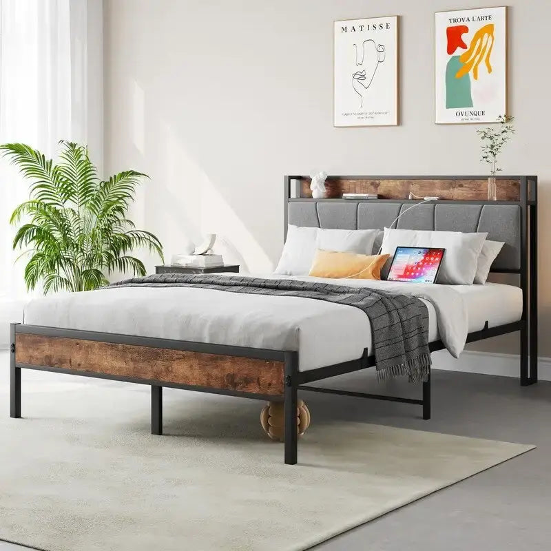 Metal&Wood Platform Bed with Storage Linen Headboard and Charging Station