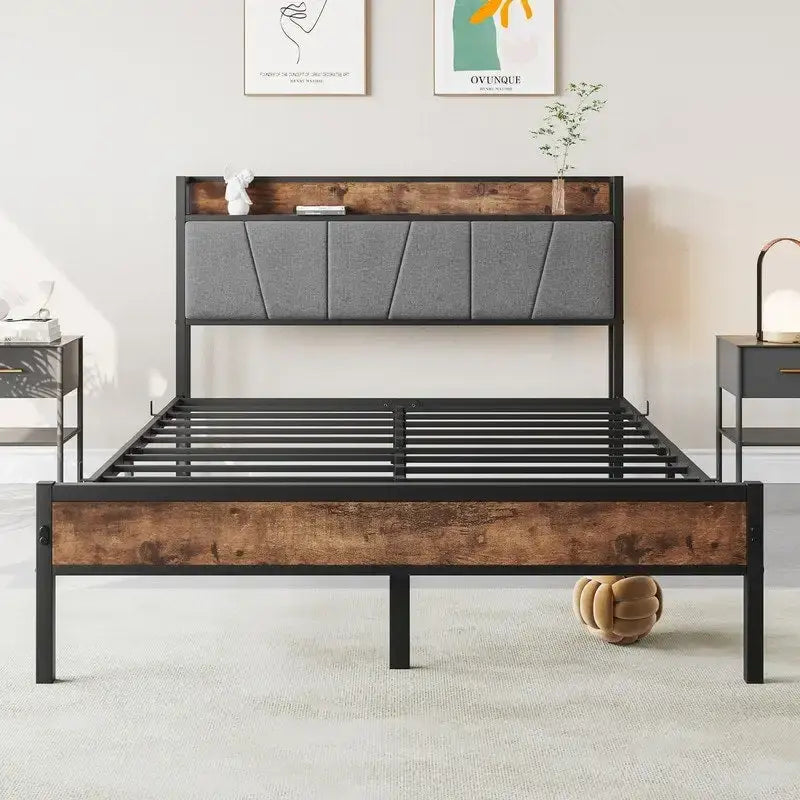 Metal&Wood Platform Bed with Storage Linen Headboard and Charging Station