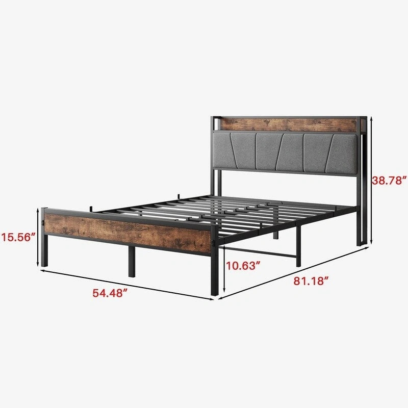 Metal&Wood Platform Bed with Storage Linen Headboard and Charging Station