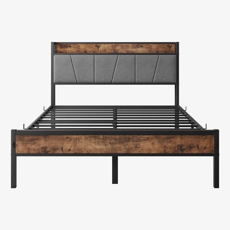 Metal&Wood Platform Bed with Storage Linen Headboard and Charging Station