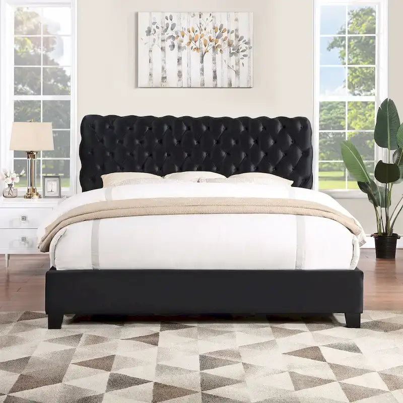 Velvet Upholstered Button Tufted Bed, King, Black