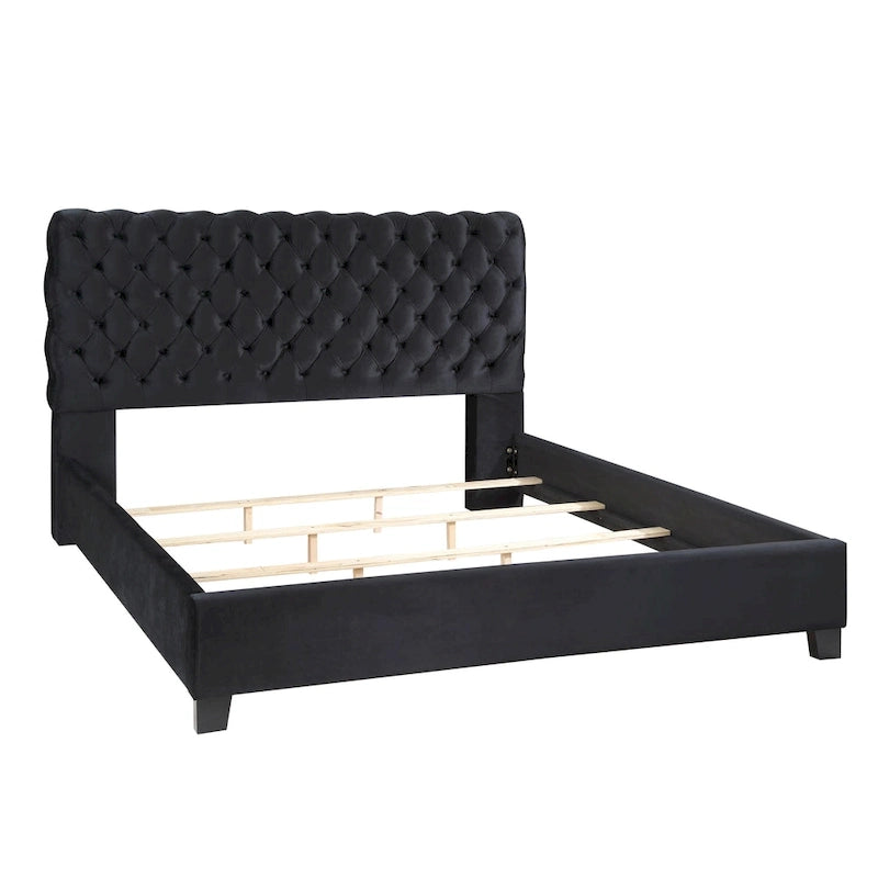 Velvet Upholstered Button Tufted Bed, King, Black
