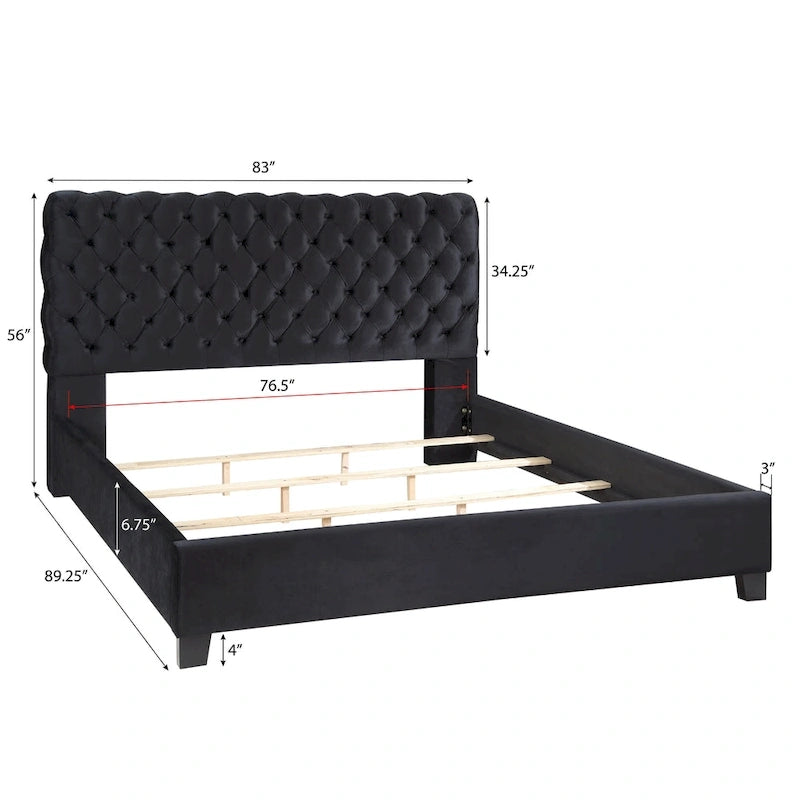 Velvet Upholstered Button Tufted Bed, King, Black