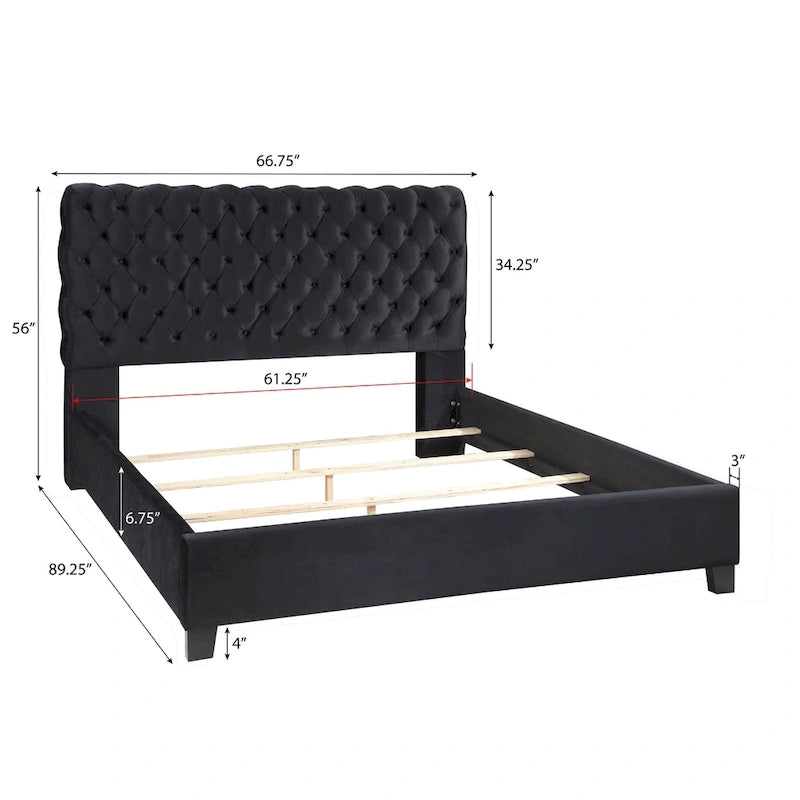 Velvet Upholstered Button Tufted Bed, King, Black