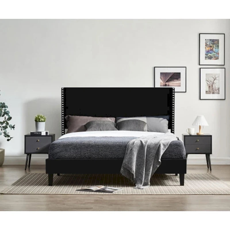Cama de Plataforma Queen Estofada em Veludo com Cabeceira Wingback