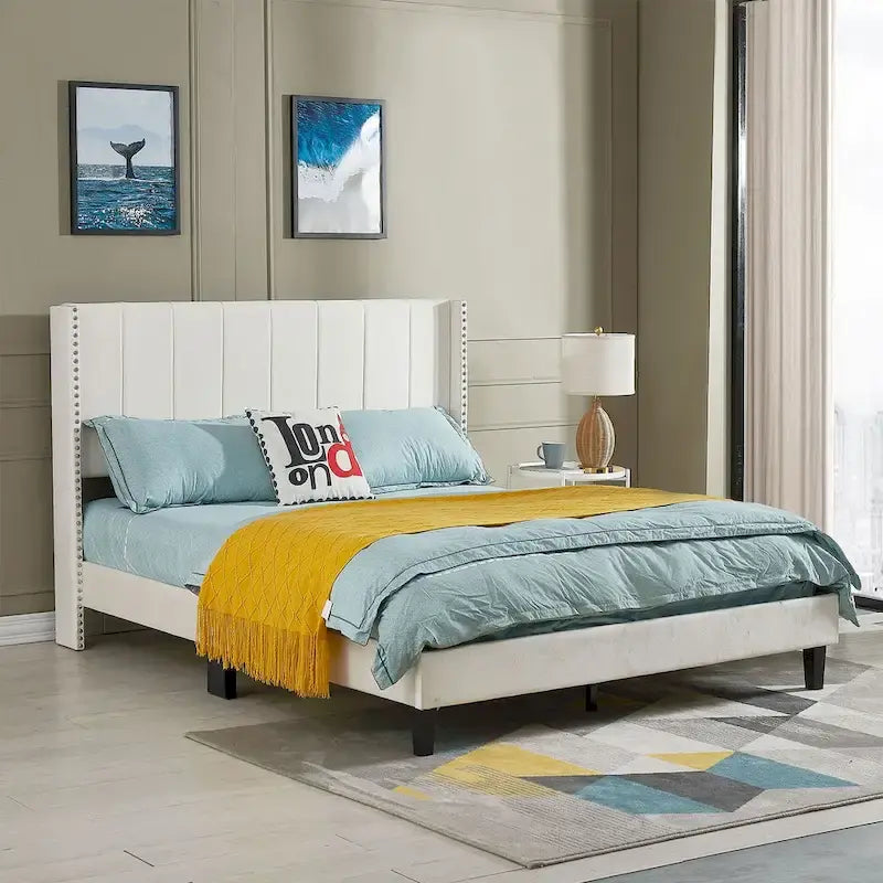Queen Size Tufted Upholstered Bed Frame Low Profile Velvet Bed Frame Platform with Raised Wingback Headboard