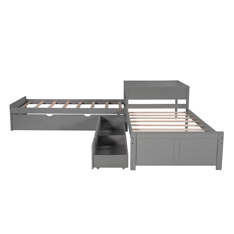 L-shaped Platform Bed with Trundle and Drawers Linked with built-in Desk,Twin,Espresso