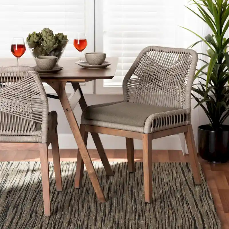 Transitional Woven Rope Mahogany Dining Side Chair-Grey