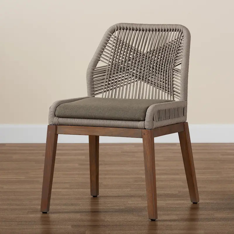 Transitional Woven Rope Mahogany Dining Side Chair-Grey