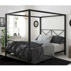 Estrutura de Cama Queen Size Moderna em Metal Preto com Dossel de Quatro Postes