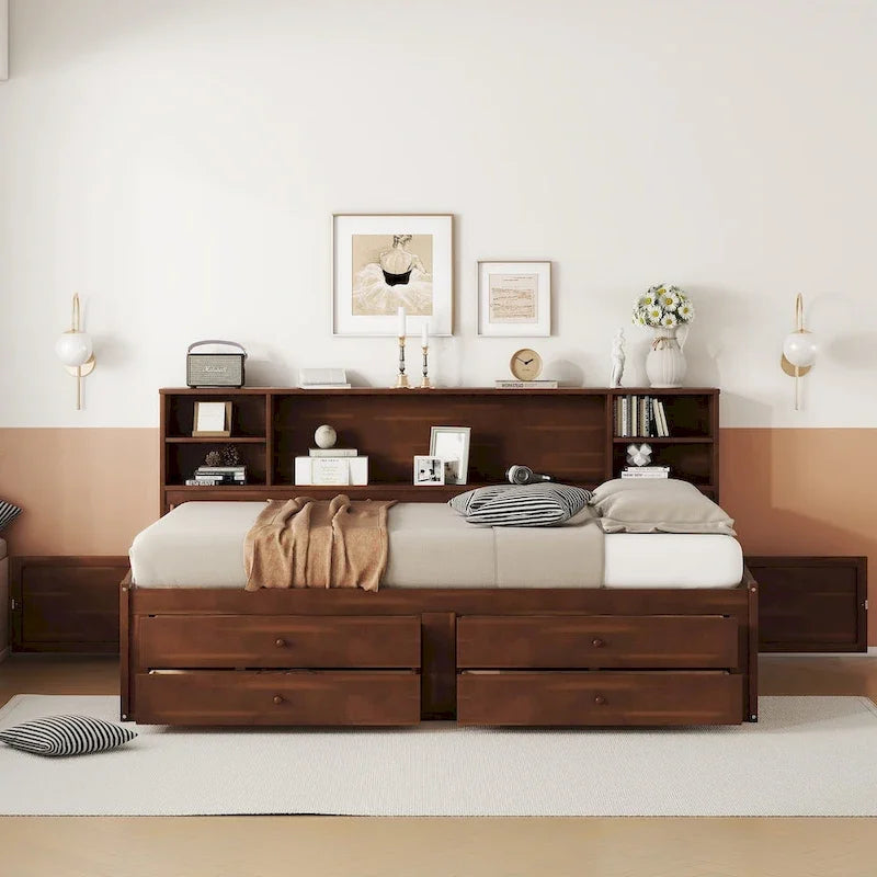 Captain Bed with Built-In Storage Shelves, 4 Drawers and 2 Cabinets