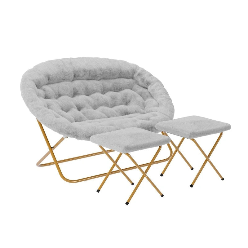 Double Folding Synthetic Fur Saucer Chair with 2 Ottomans