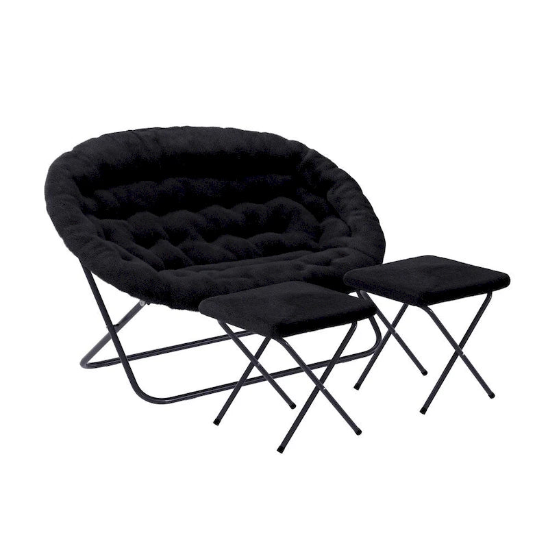 Double Folding Synthetic Fur Saucer Chair with 2 Ottomans