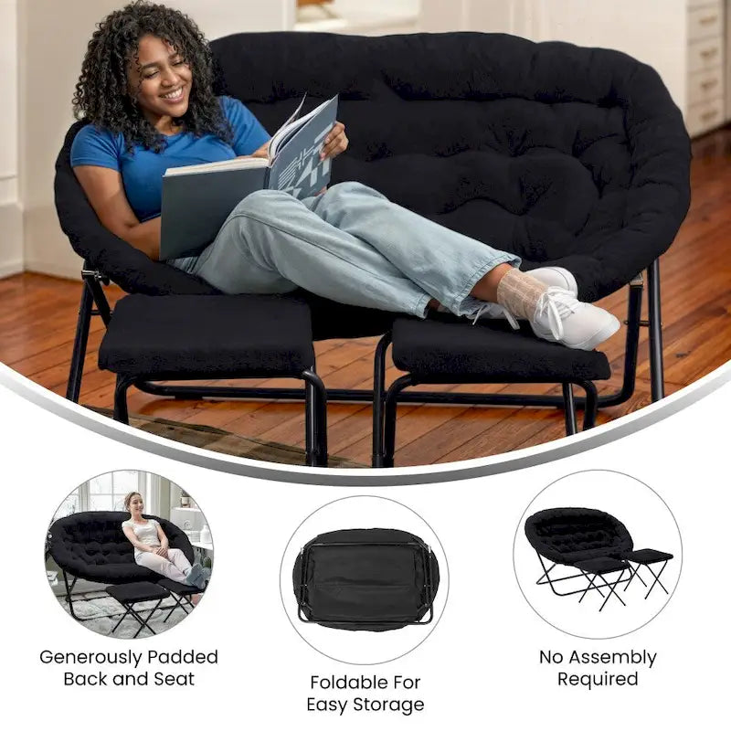 Double Folding Synthetic Fur Saucer Chair with 2 Ottomans