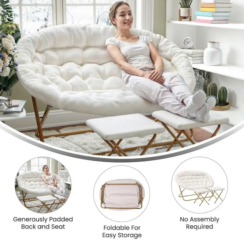 Double Folding Synthetic Fur Saucer Chair with 2 Ottomans