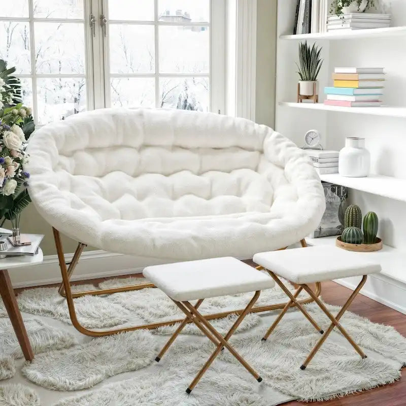 Double Folding Synthetic Fur Saucer Chair with 2 Ottomans