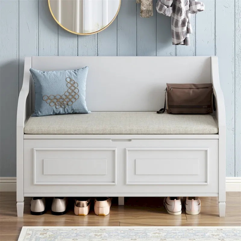 Solid wood Entryway Multifunctional Storage Bench with Safety Hinge