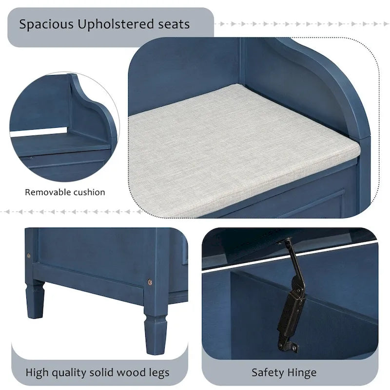 Solid wood Entryway Multifunctional Storage Bench with Safety Hinge