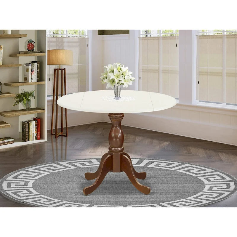 Dining Room Table - a Round kitchen Table Top with Dropleaf & Pedestal Base, Linen White & Mahogany