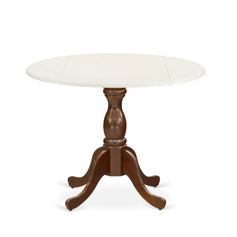 Dining Room Table - a Round kitchen Table Top with Dropleaf & Pedestal Base, Linen White & Mahogany