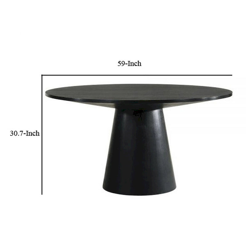 59 Inch Dining Table, Round Surface, Pedestal Base, Rubberwood, Black