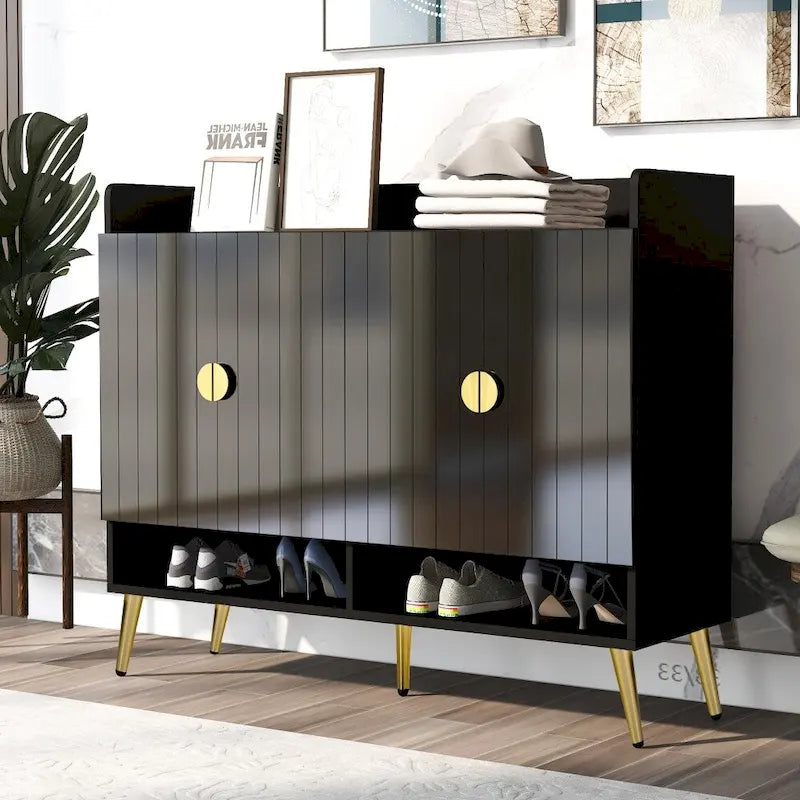 Wooden Modern Shoe Cabinet with Doors and Adjustable Shelves