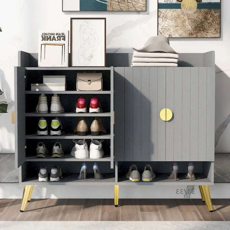 Wooden Modern Shoe Cabinet with Doors and Adjustable Shelves
