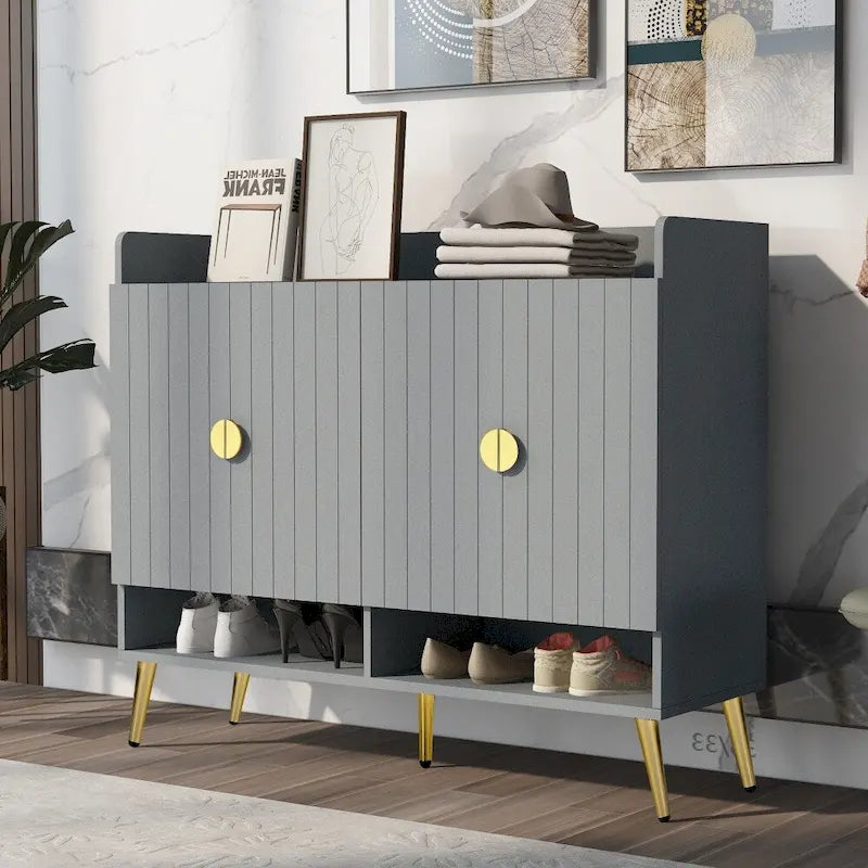 Wooden Modern Shoe Cabinet with Doors and Adjustable Shelves