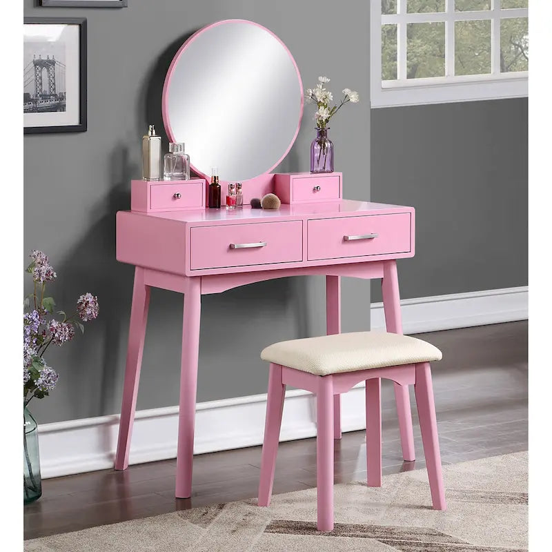 Contemporary Wood Vanity and Stool Set for Bedroom